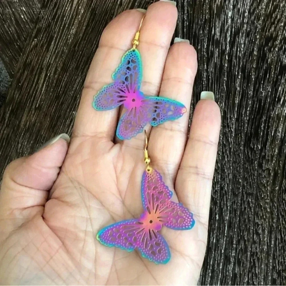 Butterfly Soft Heart Oilslick Gold Handmade Filigree Earrings